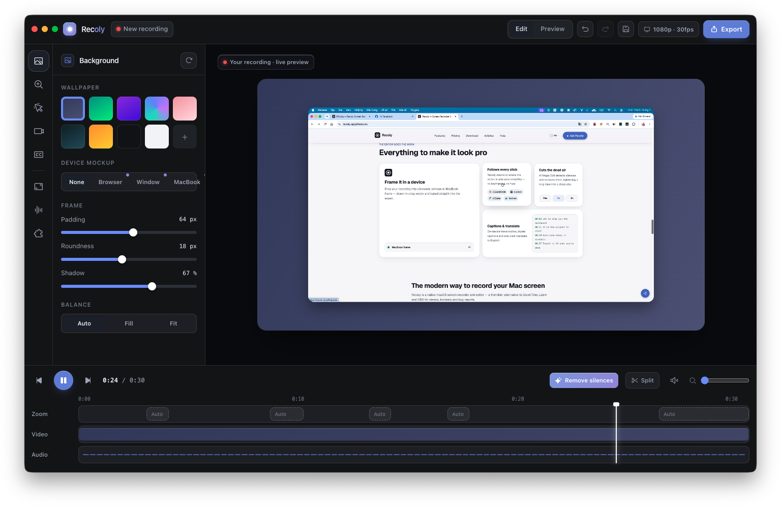 Screen + webcam + system audio